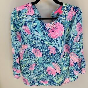 Lilly Pulitzer Small Tropical Bell Sleeve Blouse Pink Blue Floral